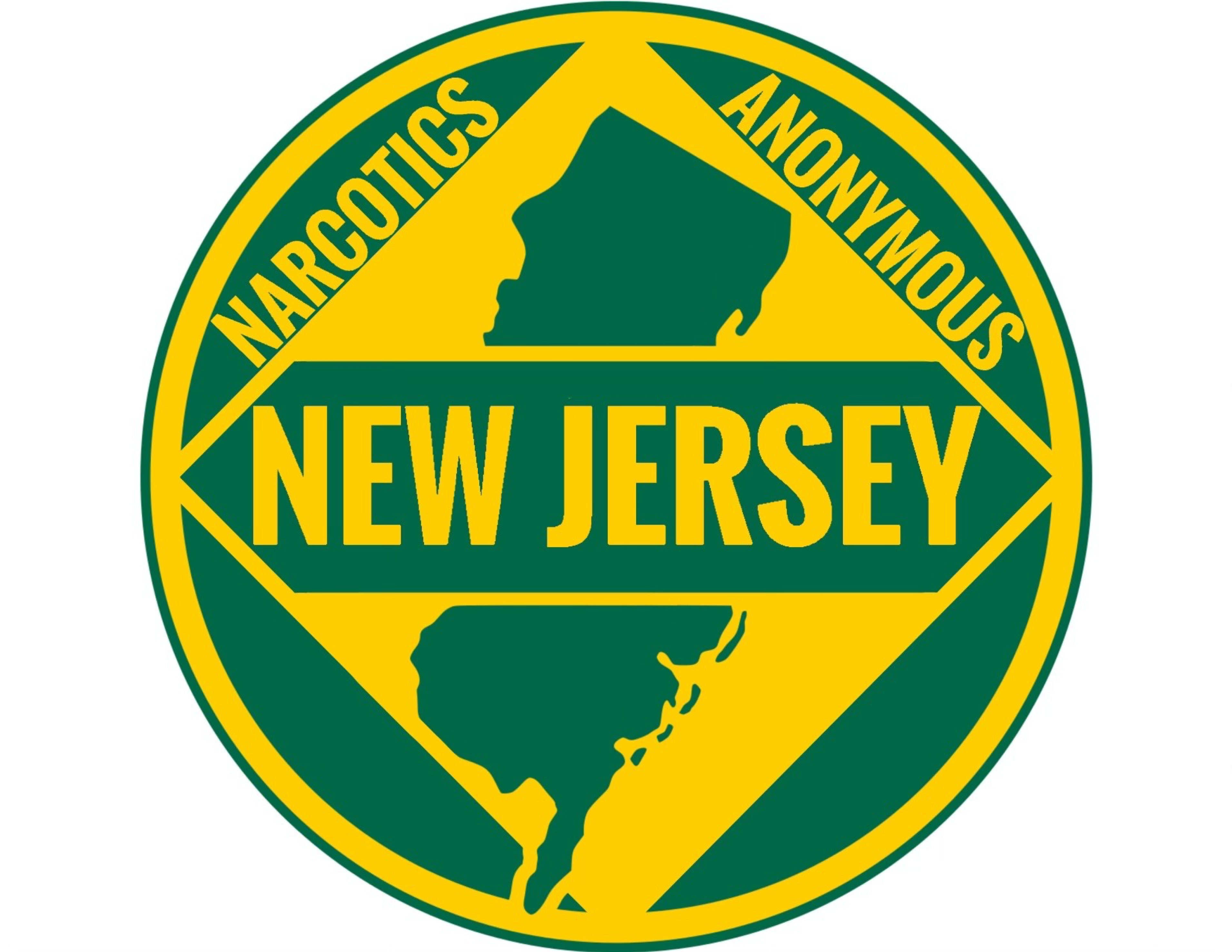 Narcotics Anonymous New Jersey Logo with Border of new jersey in the middle inside the NA service logo and the words Narcotics Anonymous as well